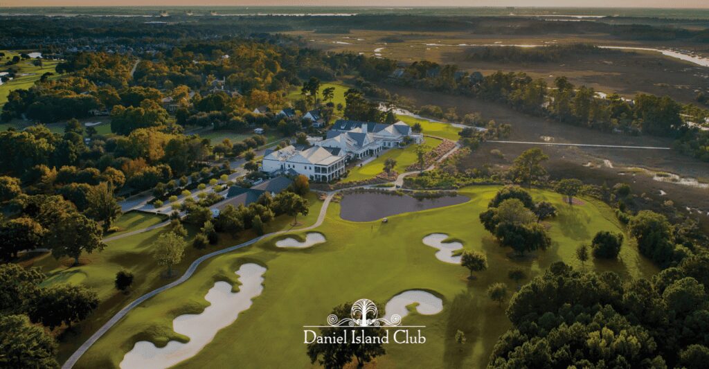 Aerial view of Daniel Island Club golf course at sunset.