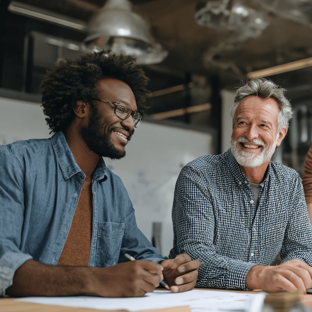 Two colleagues smiling and collaborating at table